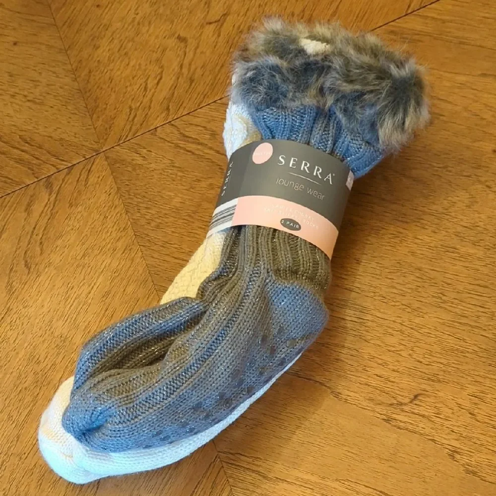 Serra Cozy Chunky Knit Slipper Socks with Faux Fur Trim 2 Pair